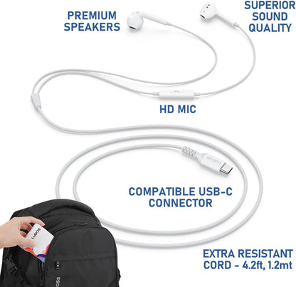 USB-C Earbuds with 2-Year Warranty for iPhone, Samsung Galaxy, iPad - White