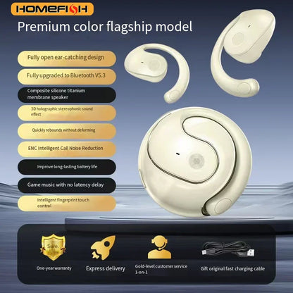 HOMEFISH New Open Ear Wireless Translation Earbuds Bluetooth 5.4 AI Real-time Translator Headphones Sports Earphones with Mic