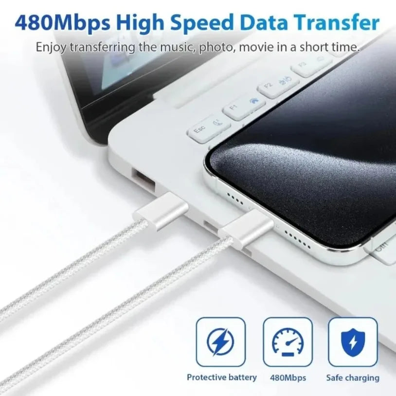 USB C Cable to USB C Fabric 60W PD Fast Charging Charger Cable Supports for iPhone 16 15 Samsung Xiaomi Huawei Fast Charging