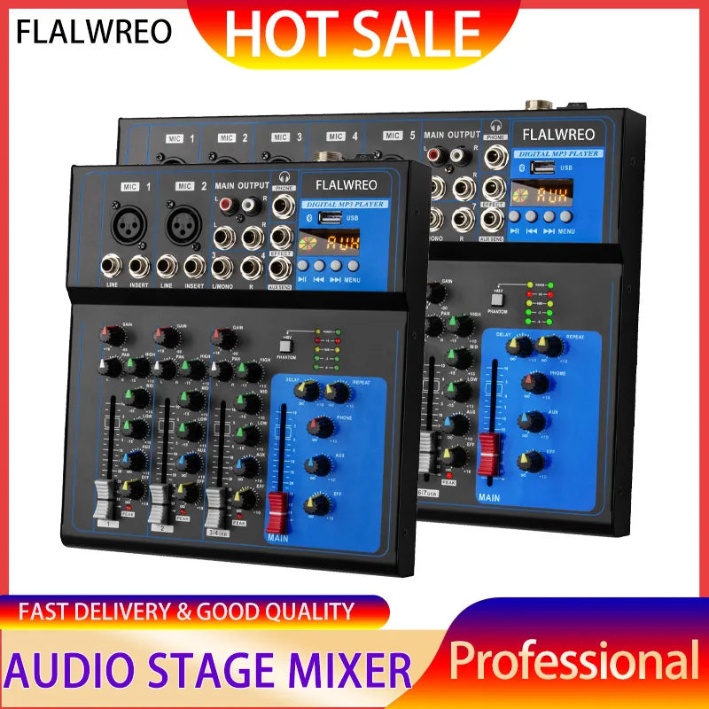 FLALWREO Sound Mixer Professional Portable Digital DJ Console 4/7 Channel with USB For Studio Record